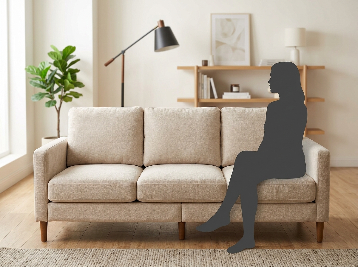 Mise en situation du coussin au milieu du canapé avec silhouette de comparaison