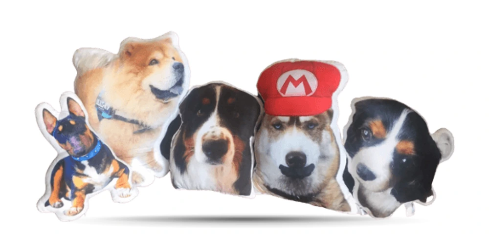Exemples réels de coussins personnalisés CreaPilou créés sur mesure à la silhouette : Chow chow, Bouvier Bernois, Husky casquette Mario, chiots